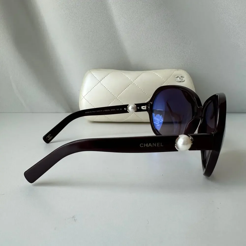 Chanel Collection Perle 5141-H Pearl Oversized Butterfly Sunglasses Brown w Case